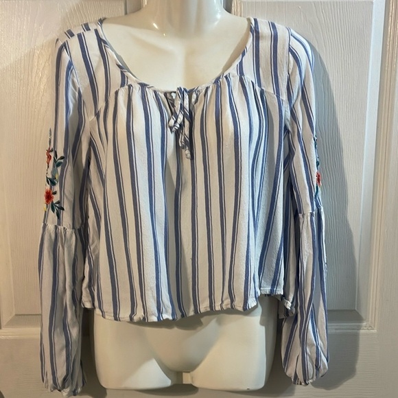 Hollister Tops - Hollister Blue and White Striped Blouse with Floral Embroidery